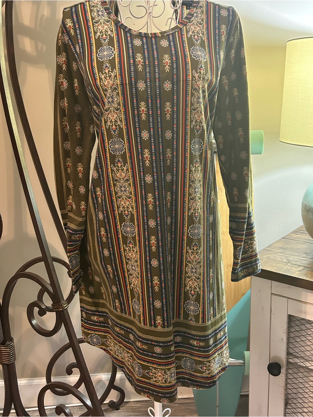 Angie Olive Green Long Sleeve Striped Floral Shift Dress